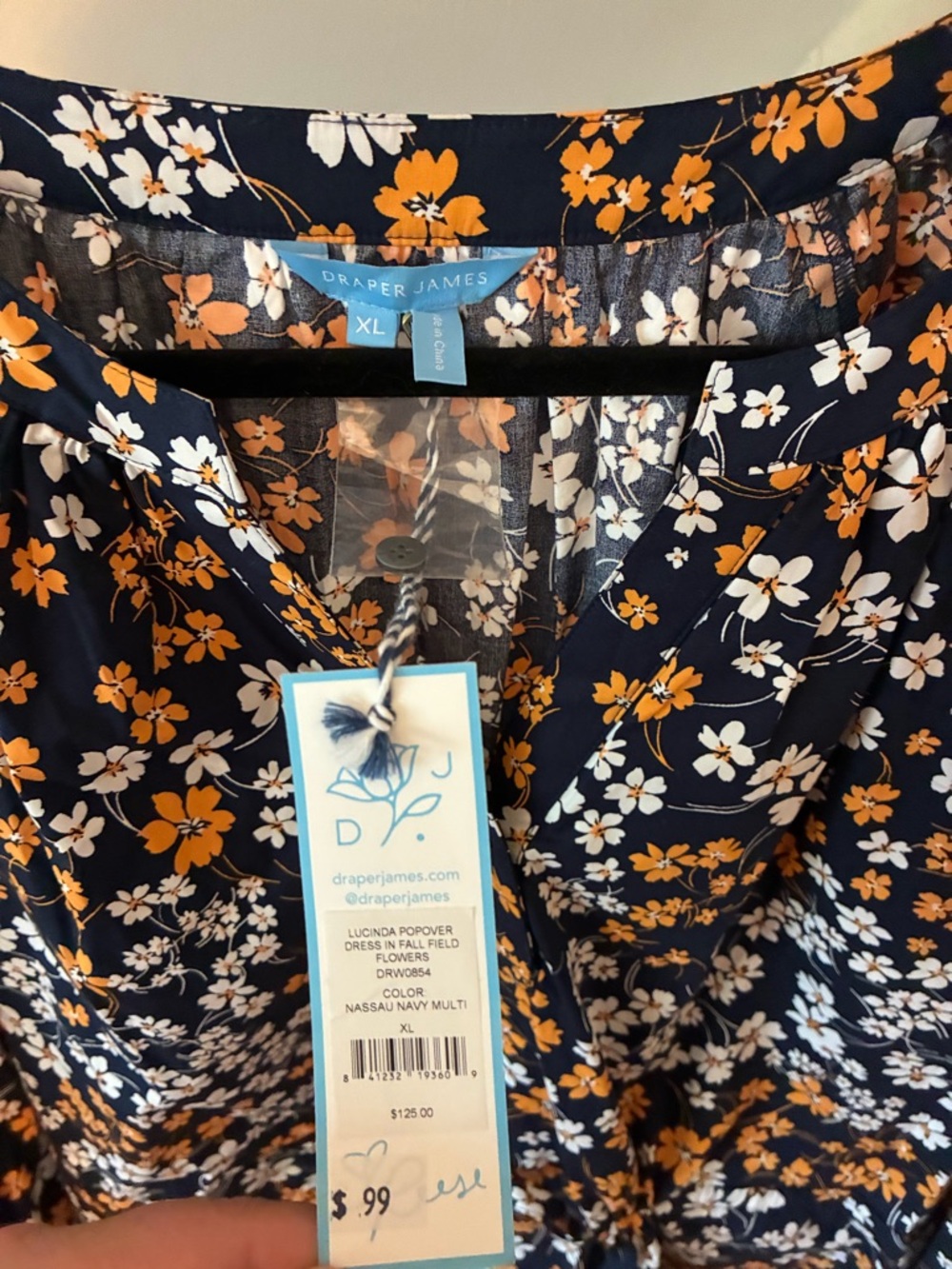 Draper James Navy Dress with Orange & White Floral Print - NWT - size XL - Picture 2 of 5